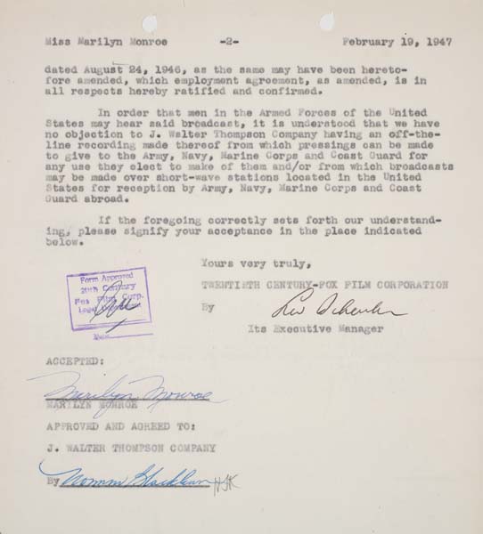 MARILYN MONROE Typed letter signed by Monroe regarding the terms for her appearance on the Lux Radio Theatre program -- Marilyn's radi